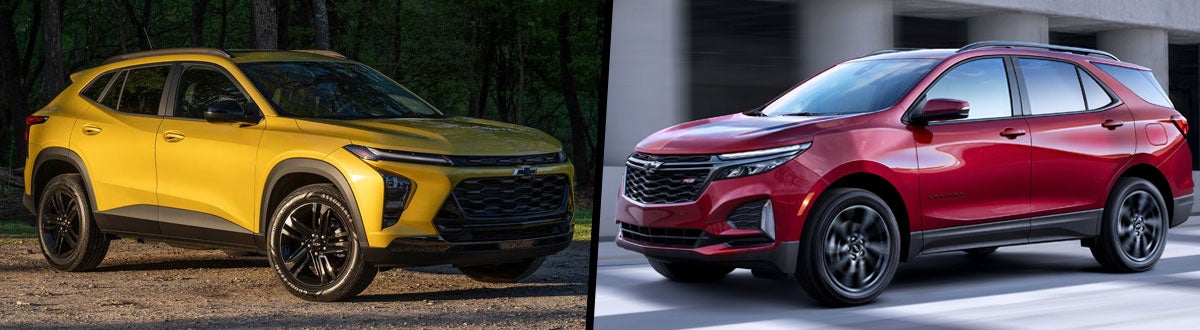 A yellow Chevrolet Trax CUV on the left and a red Chevrolet Equinox CUV on the right, both viewed from the front side.