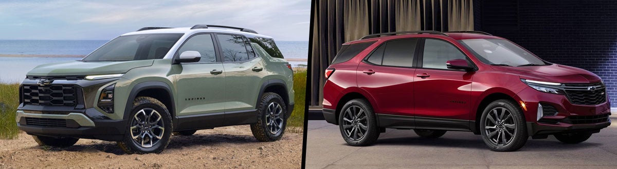 Side-by-side comparison of a green Chevrolet Trax Activ and a red Chevrolet Equinox.