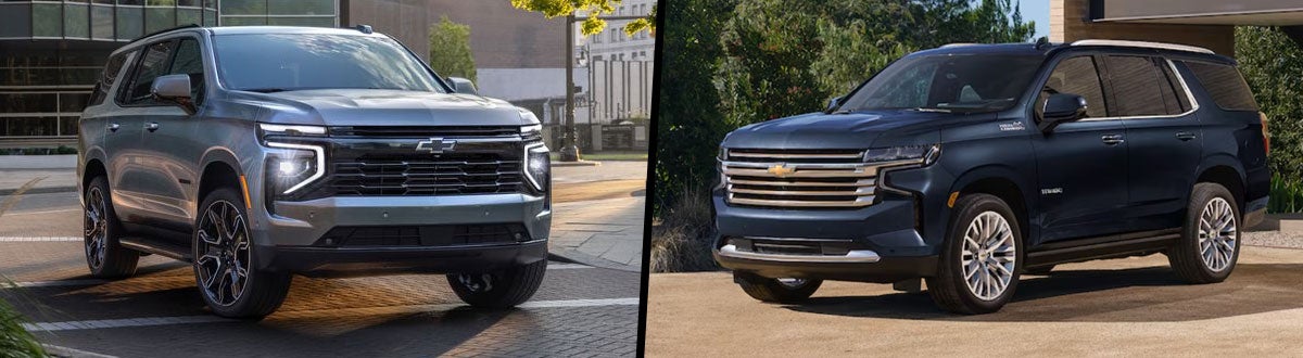 Two Chevrolet Tahoe SUVs, a gray 2024 model on the left and a darker blue 2023 model on the right.