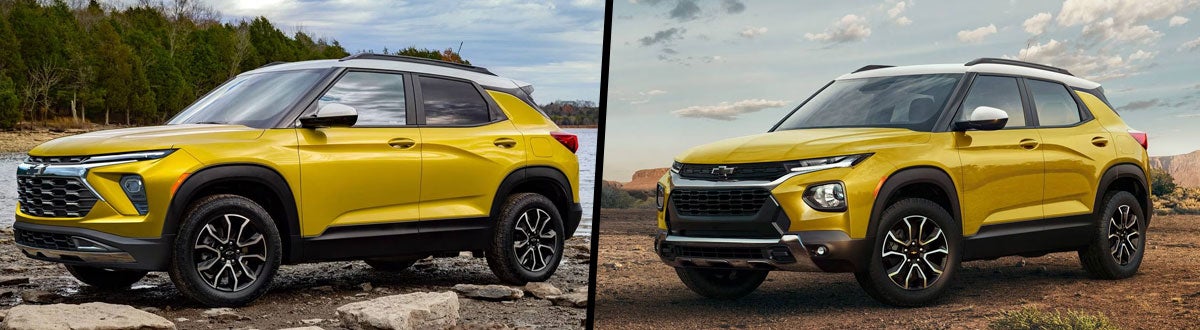 Two yellow Chevrolet Trailblazer SUVs with white roofs are shown: one parked by a lake, the other in a desert landscape.