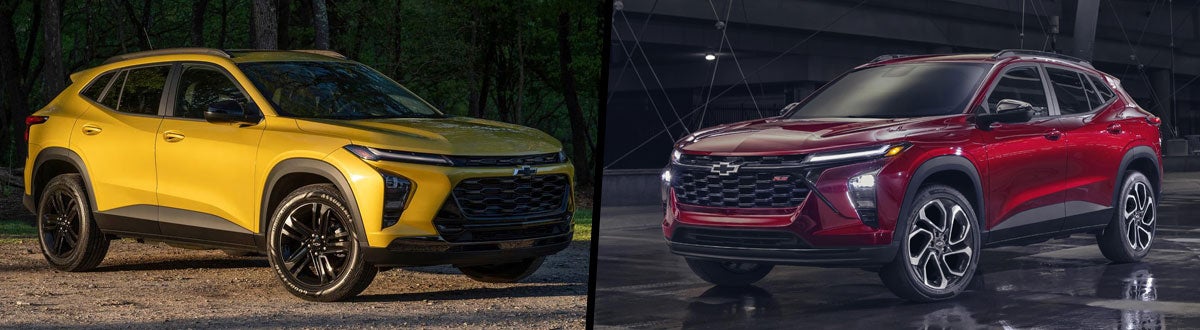 Two Chevrolet Trax SUVs, one yellow and one red, parked side-by-side.