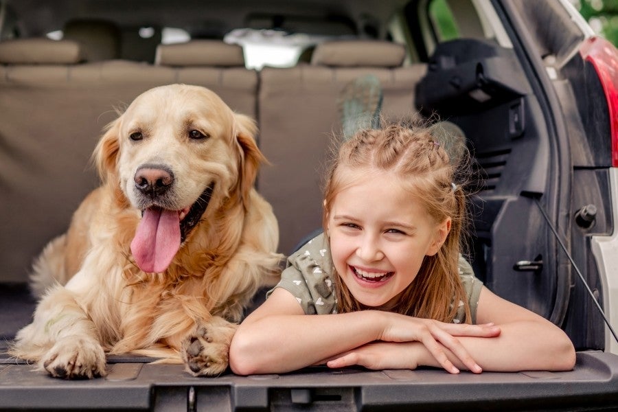 A happy girl and a golden retriever lying in the open trunk of a car, both smiling at the viewer.